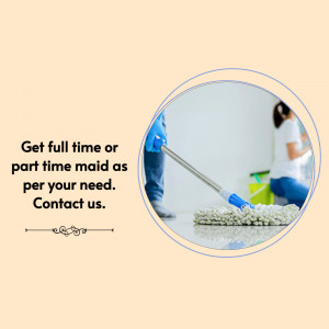 Image of a maid cleaning a floor with text advertising maid services.