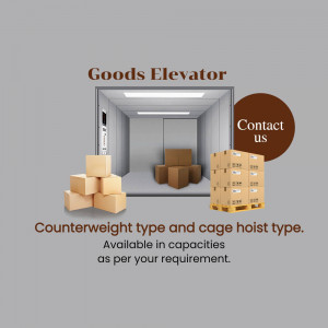 Image of a goods elevator with boxes and a call to action to contact us.