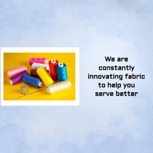 A collection of colorful spools of thread with a needle, alongside text promoting fabric innovation.