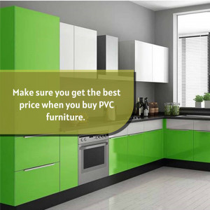 A modern kitchen featuring bright green PVC cabinets and white countertops.