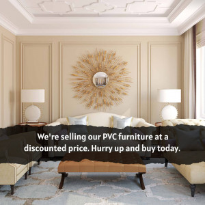 Living room interior with a gold sunburst mirror and promotional text for discounted PVC furniture.