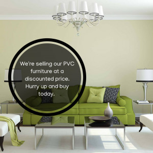 Living room with green sofa and promotional text about PVC furniture sale