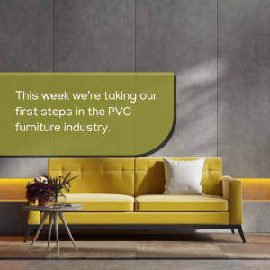 Yellow sofa in a modern living room with a green banner announcing entry into the PVC furniture industry.