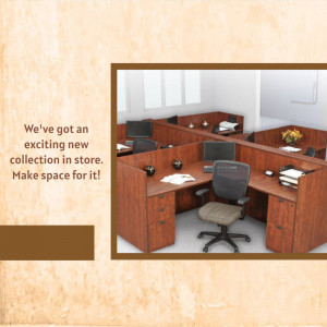 Image of modern office cubicles with a promotional text overlay.