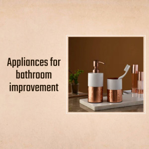 A stylish bathroom accessories set including a soap dispenser, toothbrush holder, and other items in copper and white.