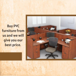 Image of office workstations made of PVC furniture with a promotional text overlay.