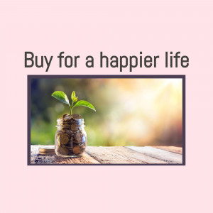 A small plant growing out of a glass jar filled with coins, symbolizing financial growth and a happier life.