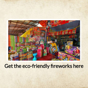 A shop filled with colorful fireworks, promoting eco-friendly options.