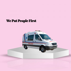 White ambulance on a white platform with a pink background and text 'We Put People First'