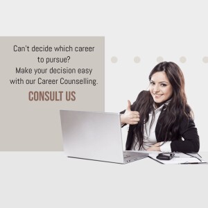 Woman smiling and giving a thumbs up while looking at a laptop, promoting career counselling services.