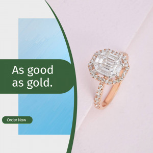 Close-up of a rose gold diamond engagement ring with a square emerald cut center stone.