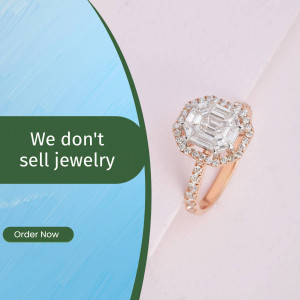 Close-up of a rose gold diamond engagement ring with a promotional text overlay.