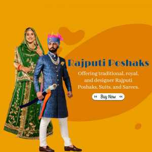 Couple wearing traditional Rajputi Poshaks with a heart shape and text 'Rajputi Poshaks'