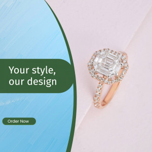 Close-up of a rose gold emerald cut diamond ring with a halo setting