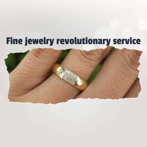 Close-up of a gold ring with small diamonds on a finger, showcasing a fine jewelry service.
