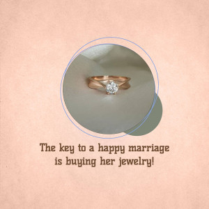 Close-up of a rose gold engagement ring with a diamond, presented with a playful text overlay.