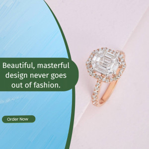 Close-up of a rose gold ring with a large emerald cut diamond surrounded by smaller diamonds.
