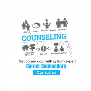 Infographic depicting counseling services with icons representing people, help, professionalism, support, problem-solving, skills, and communication.