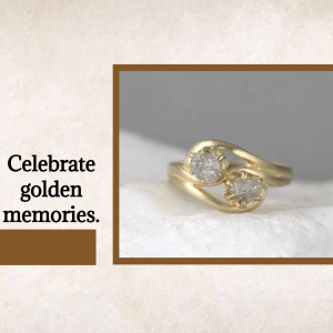 Close-up of a gold ring with two raw diamonds