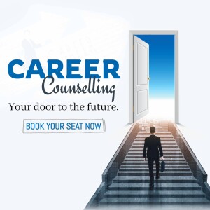 Image depicting career counselling with a person walking towards an open door on a staircase.