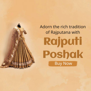 Image of a beautiful Rajputi Poshak on a mannequin with text 'Adorn the rich tradition of Rajputana with Rajputi Poshak. Buy Now'