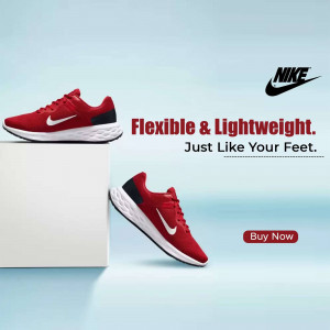 Red Nike Revolution 6 running shoes on a white platform with the Nike logo and tagline.