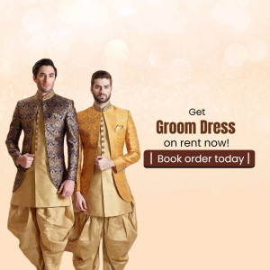 Two men in traditional Indian groom attire promoting groom dress rentals.