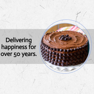 A delicious chocolate cake covered in chocolate chips with text 'Delivering happiness for over 50 years.'
