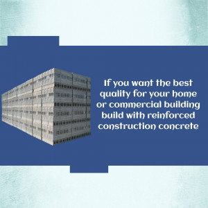 Stack of reinforced concrete blocks with text promoting quality building materials