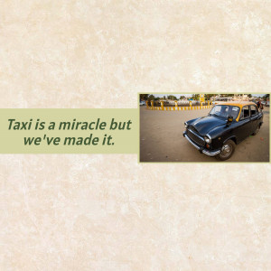A classic yellow and black taxi on a dusty road in India with text overlay.