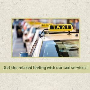 A row of yellow taxi cabs with a promotional text overlay.