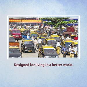A busy street scene in Mumbai, India, filled with yellow and black taxis and pedestrians.