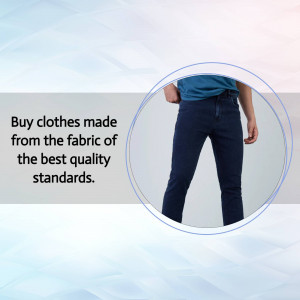 A person wearing dark blue jeans with a promotional text overlay.