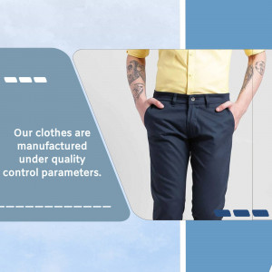 Man wearing navy pants and yellow shirt, promoting quality clothing