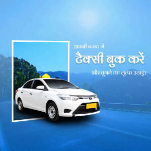White taxi car on a road with mountains in the background and text promoting taxi booking.