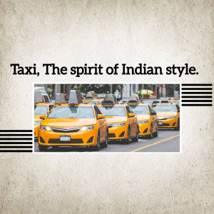 A row of yellow taxis on a city street with a textured background and graphic elements.