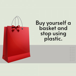 Red shopping basket with a bow and text promoting reusable bags