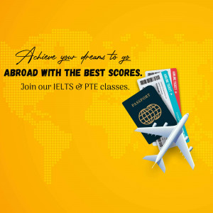 Image depicting travel documents and a plane with text promoting IELTS and PTE classes for studying abroad.