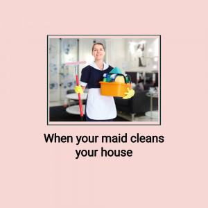 A smiling maid holding cleaning supplies in a clean living room.