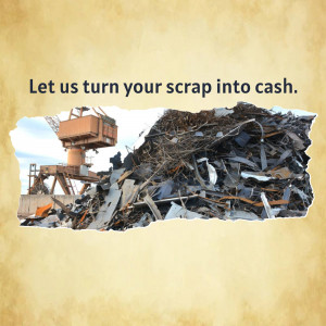 Image of scrap metal pile with a crane and text promoting cash for scrap