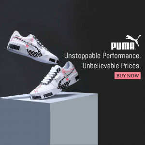 Puma sneakers with a unique design on a pedestal, advertising a sale.