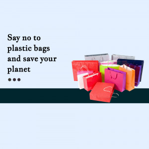 Colorful paper shopping bags with text promoting reducing plastic bag use.