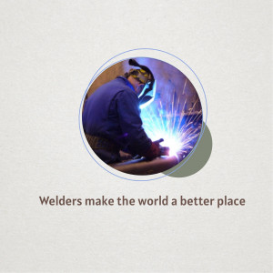 A welder working with sparks flying, inside a circular frame with text below.