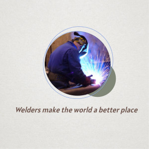 A welder working on metal with sparks flying, inside a circular frame with text below.