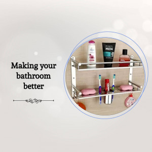 Silver bathroom shelf with toiletries and accessories