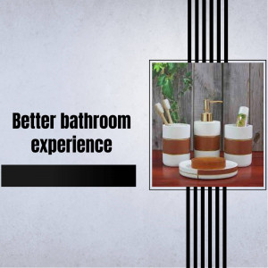 A stylish bathroom accessories set including a soap dispenser, toothbrush holder, and soap dish on a wooden surface.