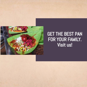 Close-up of a colorful Pan dish with text promoting it for families.