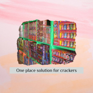 A colorful display of various firecrackers for sale.