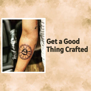 Close-up of a compass tattoo on a person's arm with text overlay