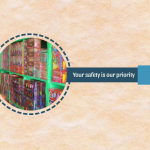 Image of firecrackers in a storage unit with a safety message.